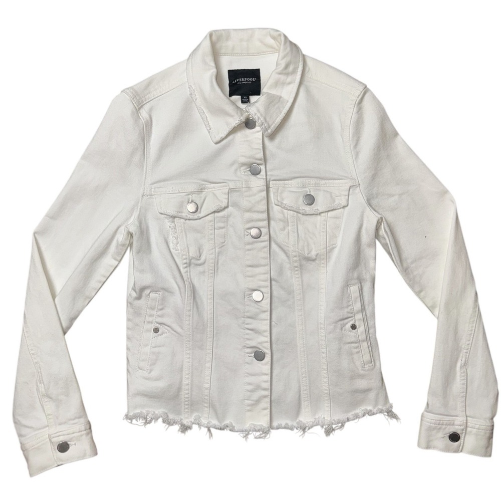 Liverpool Los Angeles Distressed White Raw Edge Womans Jean Jacket XS LM1910Q31